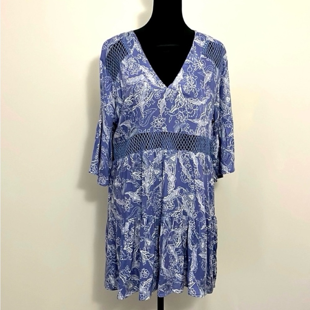 NWT Boho Me Lace Inset Bell Sleeve Blue White Cottagecore Mini Dress Women Med